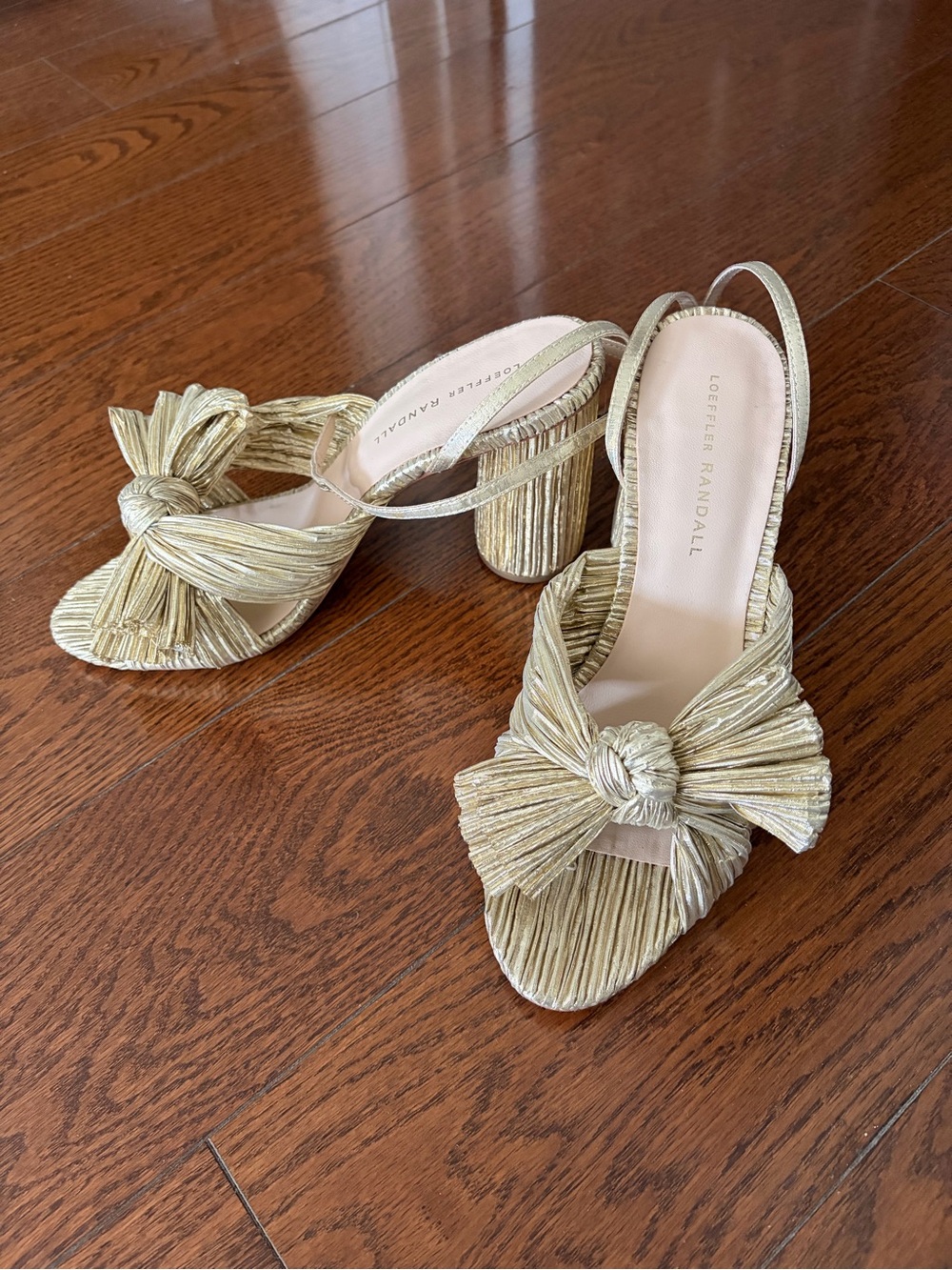 Loeffler Randall Metallic Gold Pleated Bow Slingback Heels